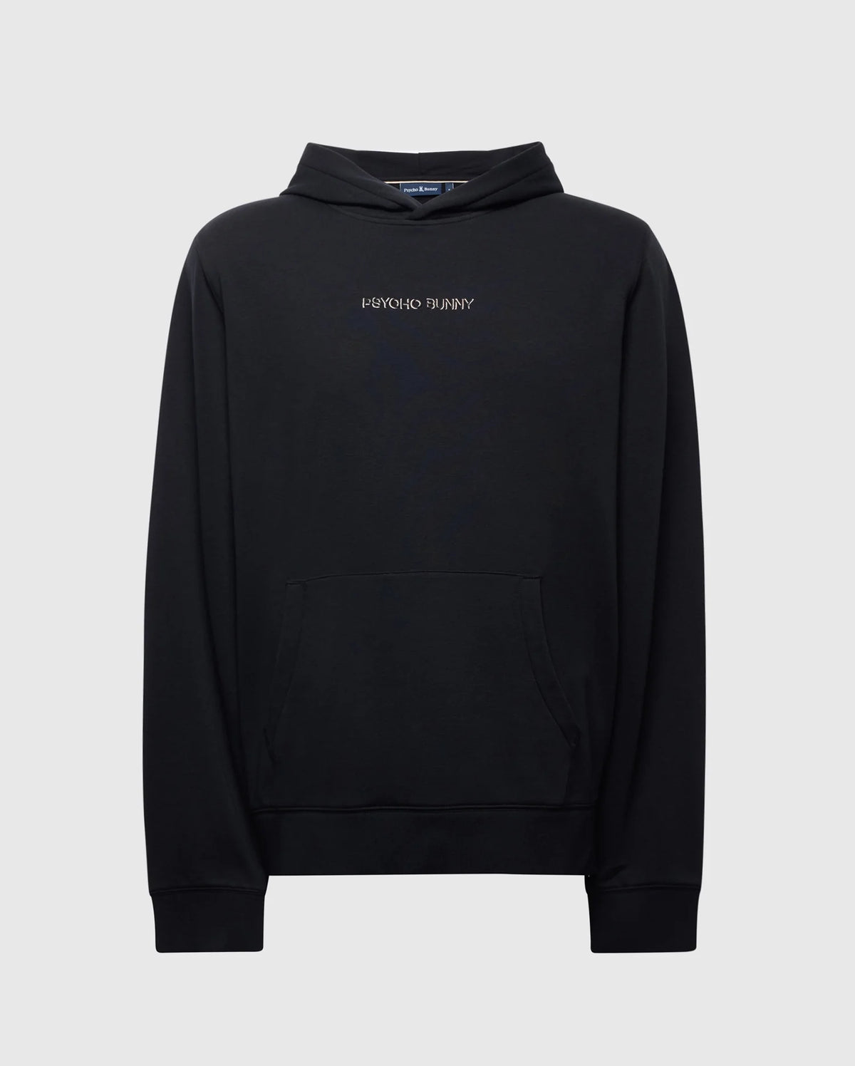 The MENS NORA CLASSIC FRENCH TERRY HOODIE - B6H434F200 by Psycho Bunny features a sleek design with "Psycho Bunny" embroidery on the chest, a front kangaroo pocket, and ribbed cuffs. The black hoodie stands out against a plain white background.