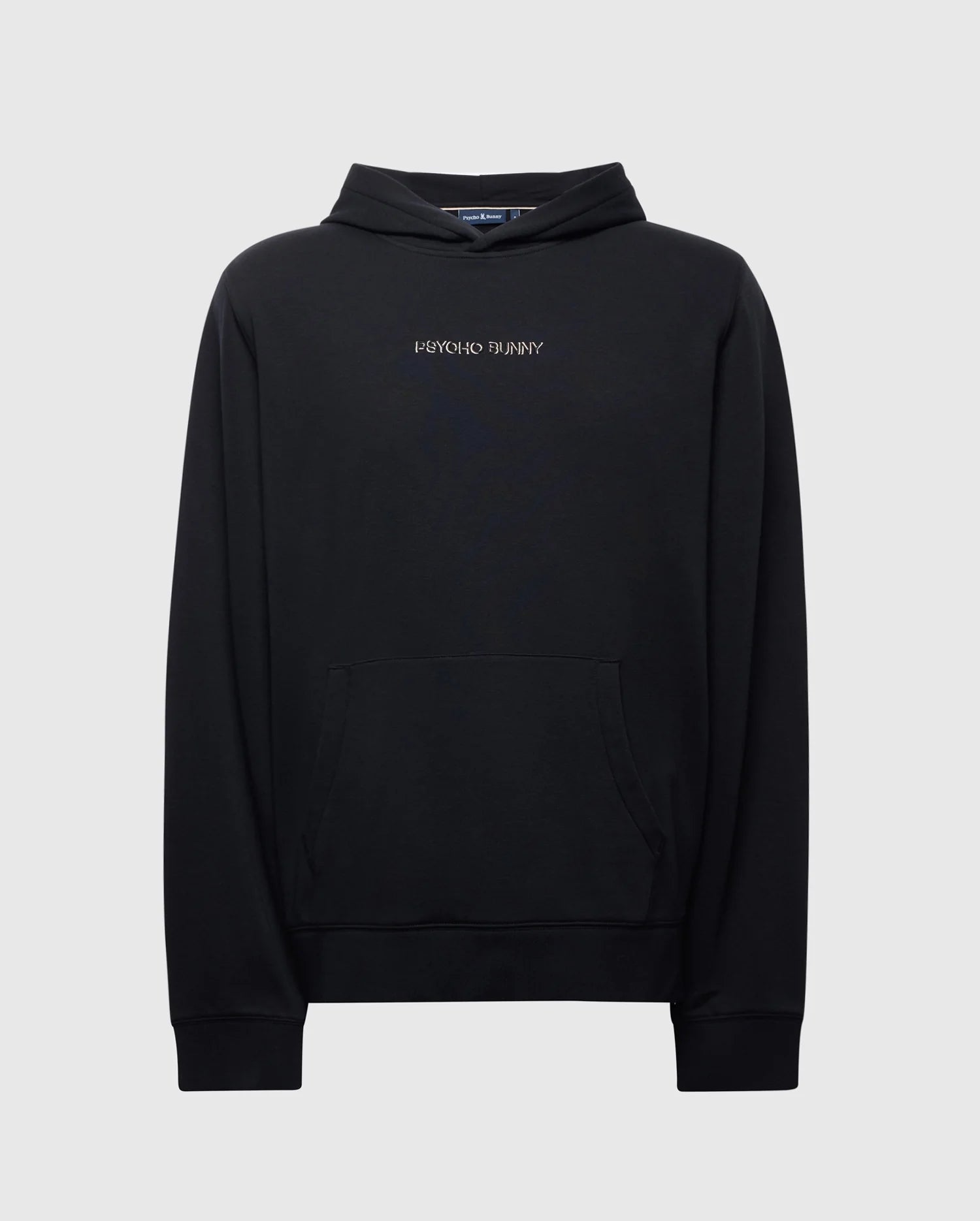 The MENS NORA CLASSIC FRENCH TERRY HOODIE - B6H434F200 by Psycho Bunny features a sleek design with "Psycho Bunny" embroidery on the chest, a front kangaroo pocket, and ribbed cuffs. The black hoodie stands out against a plain white background.