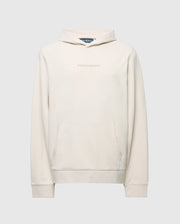 The MENS NORA CLASSIC FRENCH TERRY HOODIE (B6H434F200) by Psycho Bunny is crafted from cream French terry, featuring a kangaroo pocket and "Psycho Bunny" subtly embroidered on the chest, with a minimalist design and flat-laying hood.