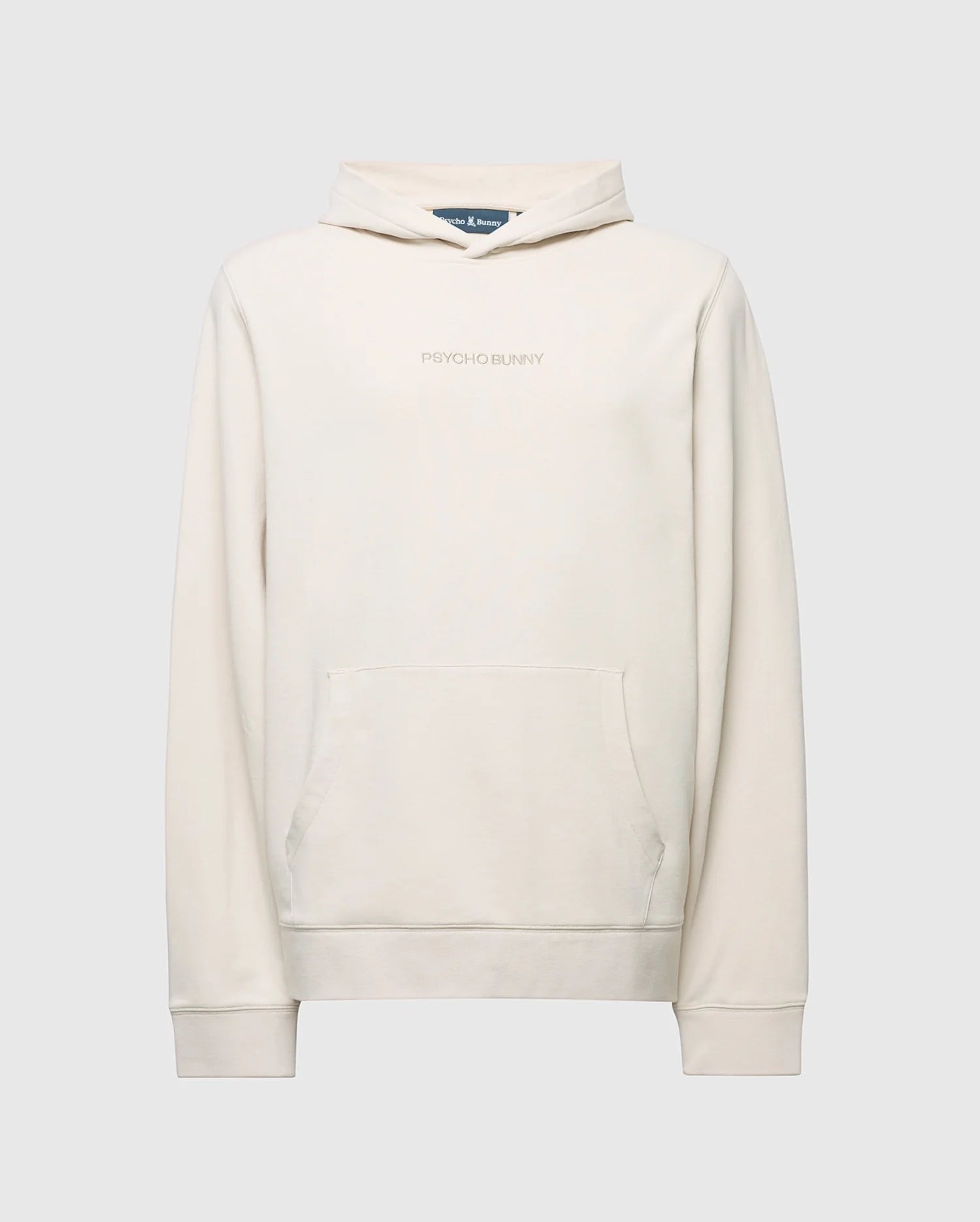 The MENS NORA CLASSIC FRENCH TERRY HOODIE (B6H434F200) by Psycho Bunny is crafted from cream French terry, featuring a kangaroo pocket and "Psycho Bunny" subtly embroidered on the chest, with a minimalist design and flat-laying hood.