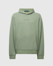 The MENS NORA CLASSIC FRENCH TERRY HOODIE - B6H434F200 by Psycho Bunny is sage green with long sleeves, a front pocket, and a drawstring-free hood. Made from soft French terry, it features an embroidered wordmark logo on the chest against a plain light gray backdrop.