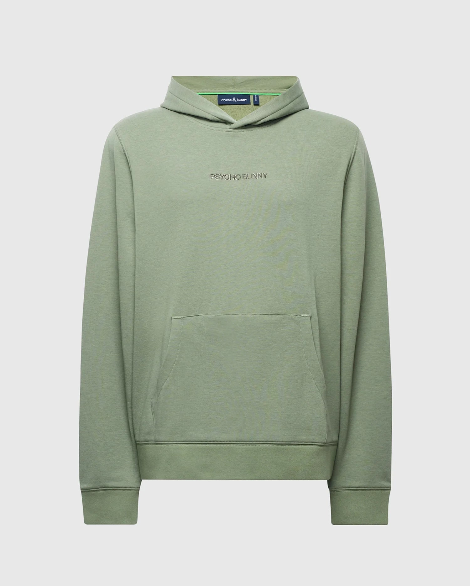 The MENS NORA CLASSIC FRENCH TERRY HOODIE - B6H434F200 by Psycho Bunny is sage green with long sleeves, a front pocket, and a drawstring-free hood. Made from soft French terry, it features an embroidered wordmark logo on the chest against a plain light gray backdrop.