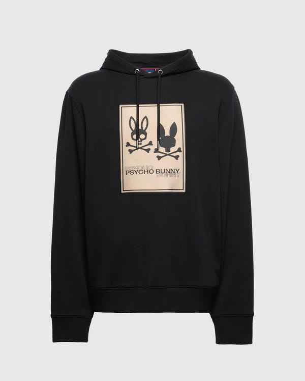 This trendy Men's Monroe Twill Patch Fleece Hoodie by Psycho Bunny comes in black French terry and showcases a graphic of two bunnies, with one facing forward and the other turned away. The "Psycho Bunny" branding is positioned below the image. Designed for ultimate comfort, it includes a drawstring and a convenient pouch pocket.