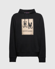 This trendy Men's Monroe Twill Patch Fleece Hoodie by Psycho Bunny comes in black French terry and showcases a graphic of two bunnies, with one facing forward and the other turned away. The "Psycho Bunny" branding is positioned below the image. Designed for ultimate comfort, it includes a drawstring and a convenient pouch pocket.