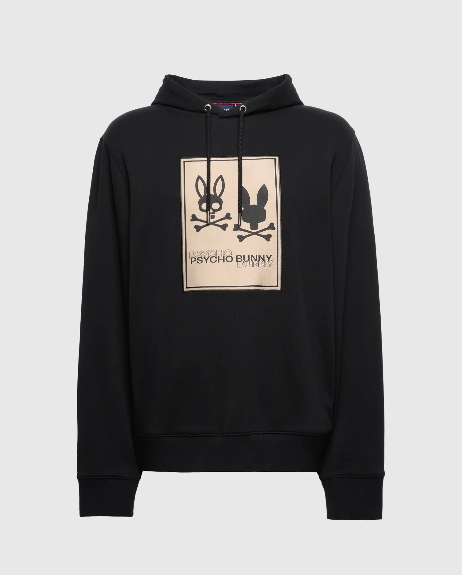 This trendy Men's Monroe Twill Patch Fleece Hoodie by Psycho Bunny comes in black French terry and showcases a graphic of two bunnies, with one facing forward and the other turned away. The "Psycho Bunny" branding is positioned below the image. Designed for ultimate comfort, it includes a drawstring and a convenient pouch pocket.