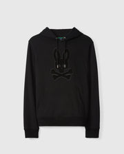 Introducing the Psycho Bunny Men's Pacific Chenille Hoodie (B6H930D200), a stylish black French terry hoodie adorned with a chenille-embroidered bunny skull and crossbones design on the front. It comes equipped with a drawstring hood and features a convenient kangaroo pocket, all set against its sleek design.