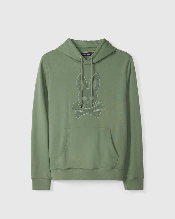 Introducing the Psycho Bunny MENS PACIFIC CHENILLE HOODIE - B6H930D200, available in a vibrant green hue. This versatile piece showcases a chenille embroidery of a bunny skull and crossbones on the chest. Crafted from soft French terry, it features a front pocket and drawstrings at the hood, elegantly displayed against a white background.
