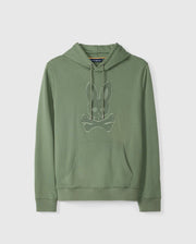 Introducing the Psycho Bunny MENS PACIFIC CHENILLE HOODIE - B6H930D200, available in a vibrant green hue. This versatile piece showcases a chenille embroidery of a bunny skull and crossbones on the chest. Crafted from soft French terry, it features a front pocket and drawstrings at the hood, elegantly displayed against a white background.