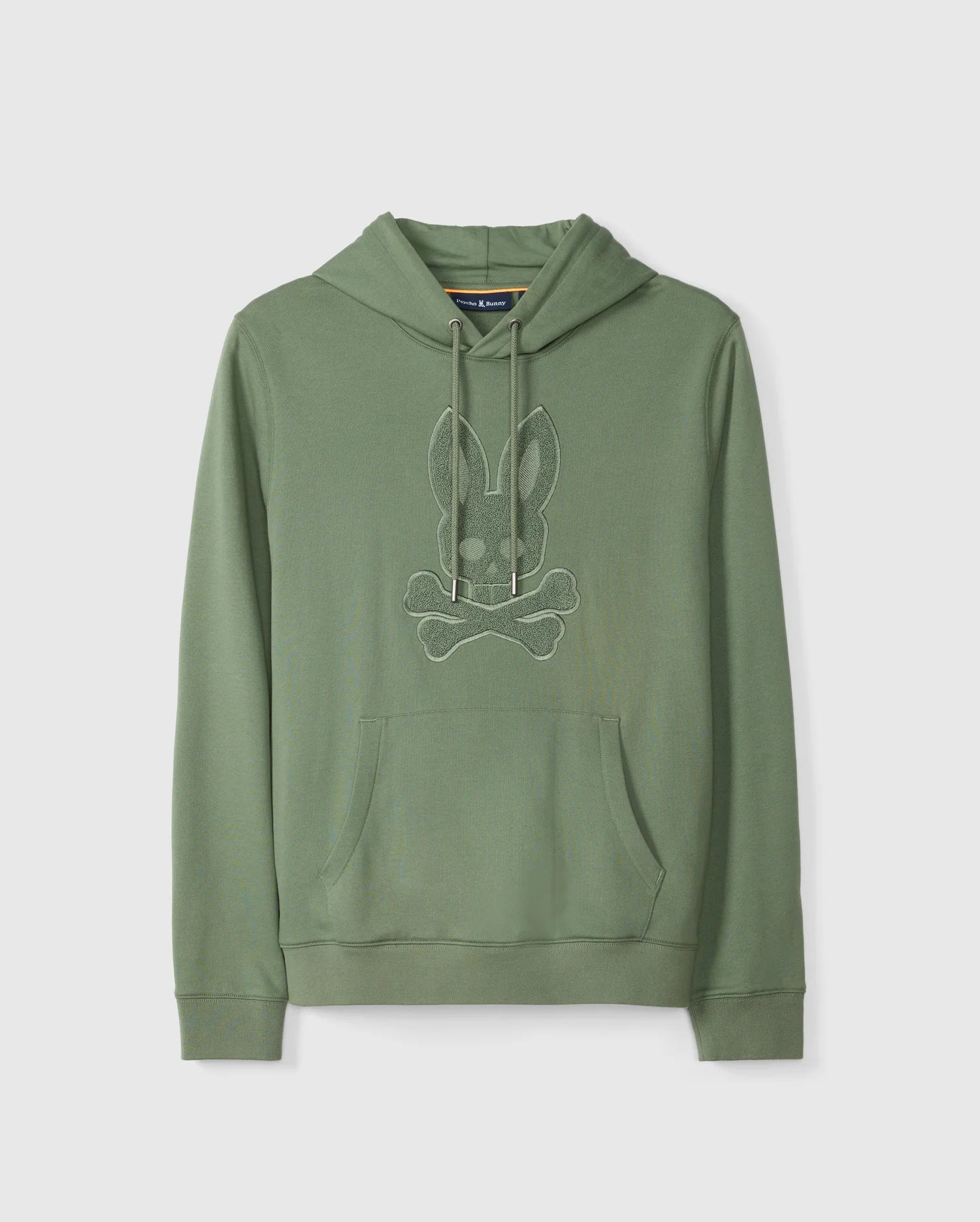 Introducing the Psycho Bunny MENS PACIFIC CHENILLE HOODIE - B6H930D200, available in a vibrant green hue. This versatile piece showcases a chenille embroidery of a bunny skull and crossbones on the chest. Crafted from soft French terry, it features a front pocket and drawstrings at the hood, elegantly displayed against a white background.