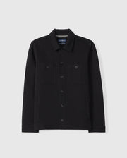 The Psycho Bunny MENS BEDFORD SHIRT JACKET - B6J290B200 in black, highlighted with two chest pockets and a classic collar, is displayed against a plain white background.