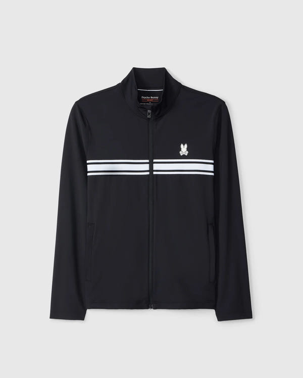 Psycho Bunny's Men's Terrell Sport Zip-Up Jacket (B6J643C200) in black features a white and light blue stripe across the chest, a small emblem on the left side, and long sleeves. This versatile jacket is designed for casual style, making it perfect for any occasion.