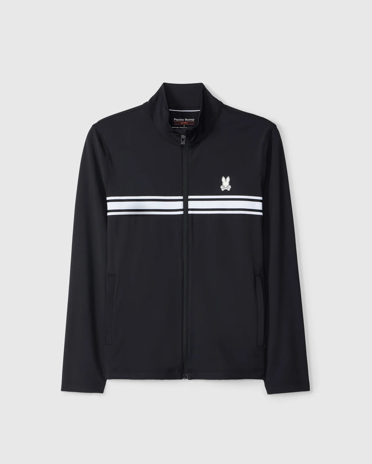 Psycho Bunny's Men's Terrell Sport Zip-Up Jacket (B6J643C200) in black features a white and light blue stripe across the chest, a small emblem on the left side, and long sleeves. This versatile jacket is designed for casual style, making it perfect for any occasion.