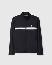 Psycho Bunny's Men's Terrell Sport Zip-Up Jacket (B6J643C200) in black features a white and light blue stripe across the chest, a small emblem on the left side, and long sleeves. This versatile jacket is designed for casual style, making it perfect for any occasion.