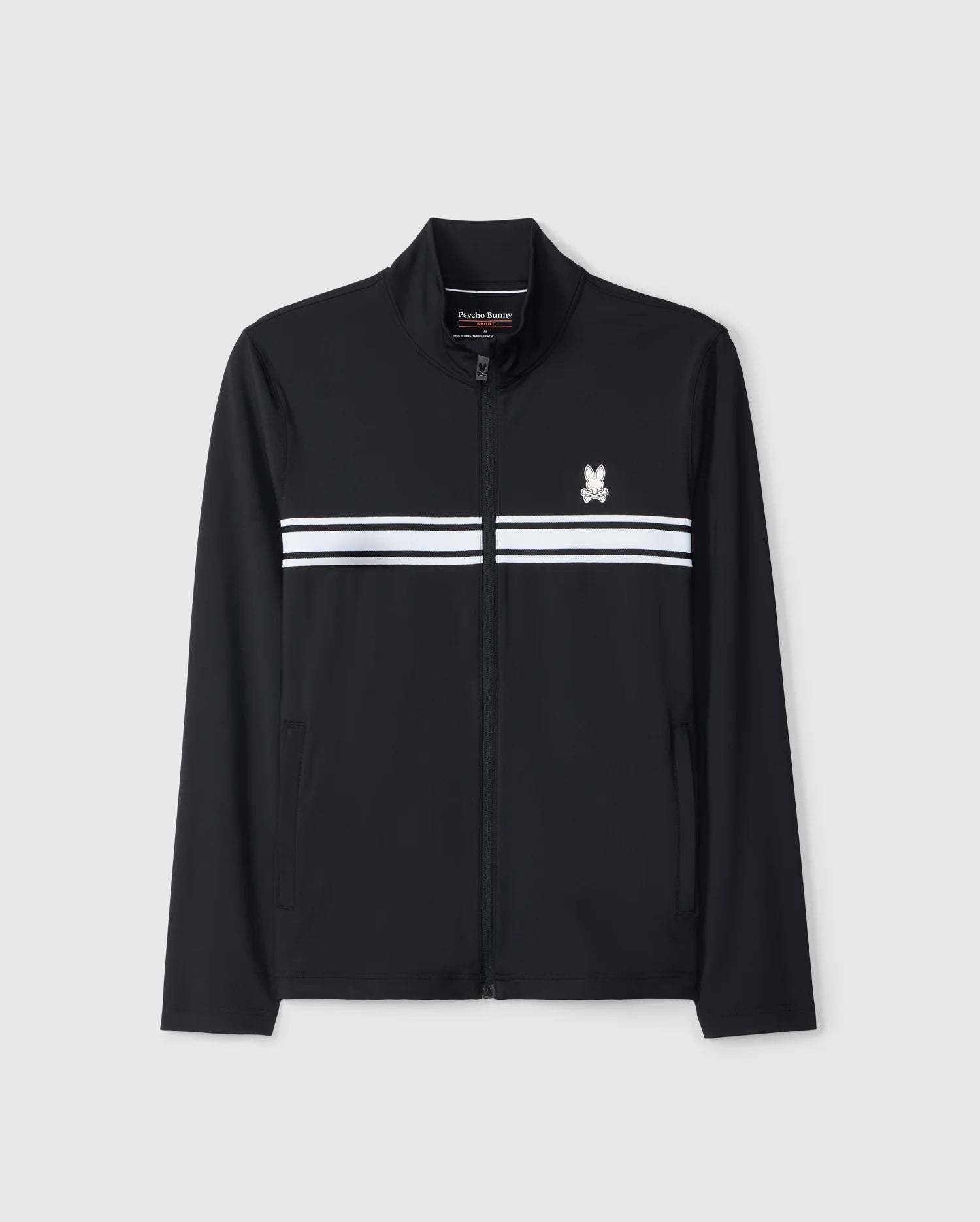 Psycho Bunny's Men's Terrell Sport Zip-Up Jacket (B6J643C200) in black features a white and light blue stripe across the chest, a small emblem on the left side, and long sleeves. This versatile jacket is designed for casual style, making it perfect for any occasion.