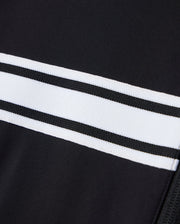 Close-up of the Psycho Bunny MENS TERRELL SPORT ZIP UP JACKET - B6J643C200, featuring a versatile black fabric design with two horizontal white stripes. The smooth and sleek appearance highlights the modal-blend knit texture.