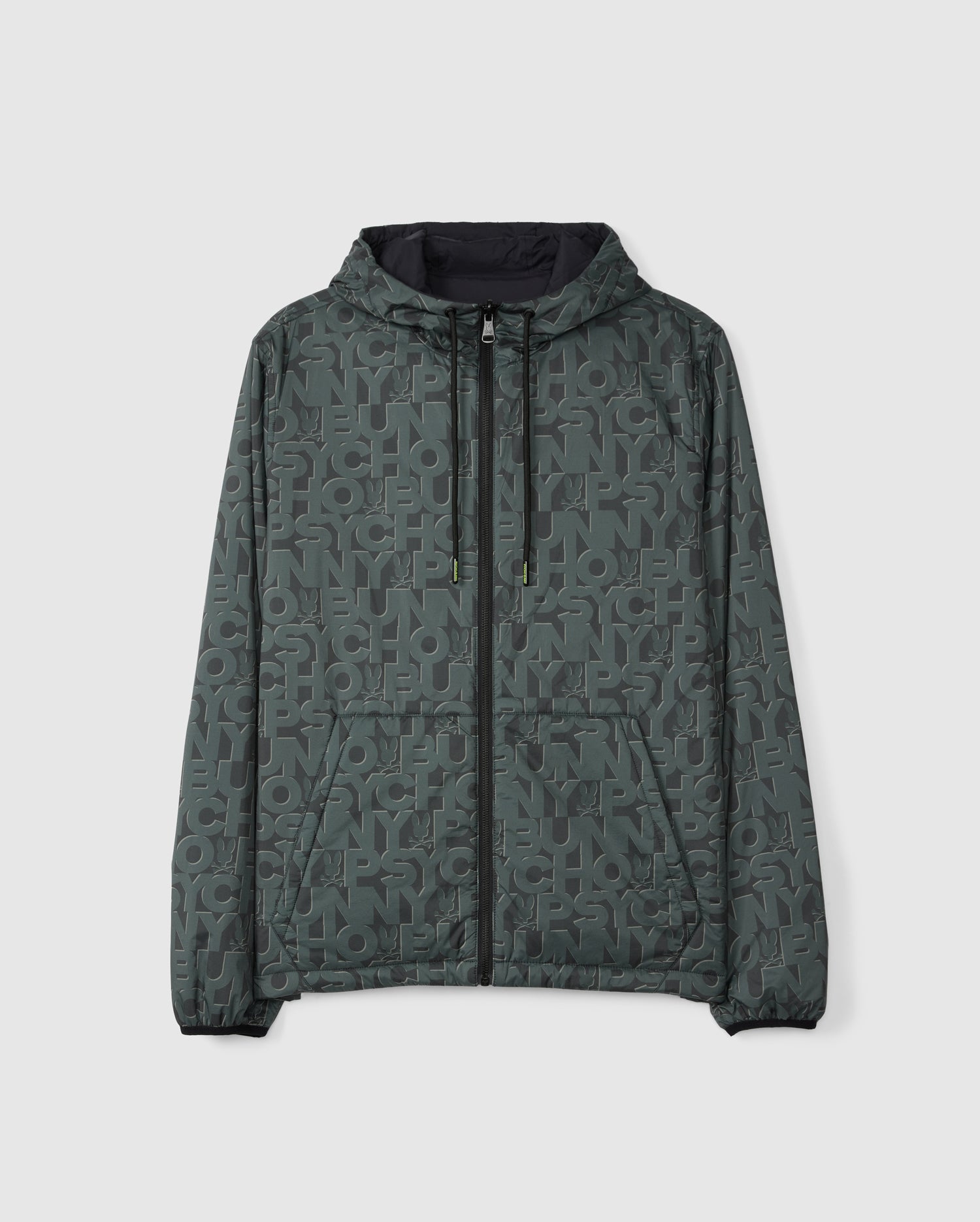 The SOUTHWORTH REVERSIBLE PADDED HOODED JACKET by Psycho Bunny features a dark green design with overlapping letter prints, a full zip closure, and elastic cuffs.