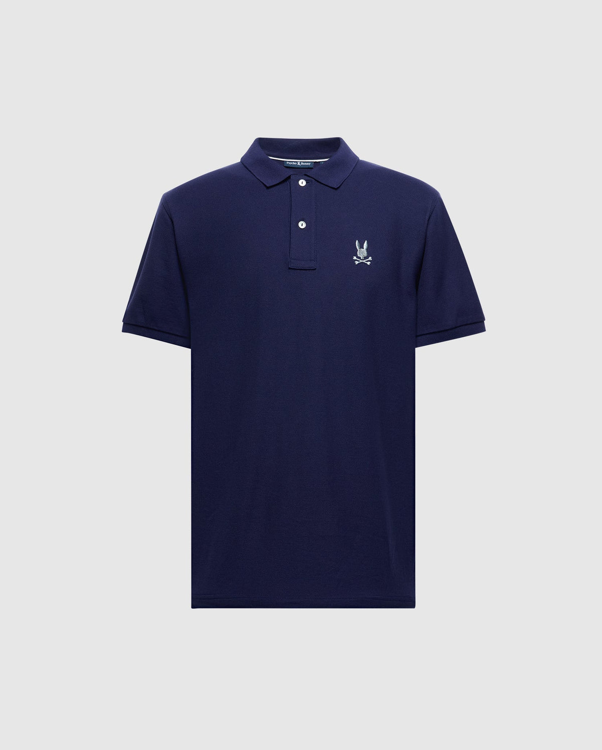 This stylish Psycho Bunny MENS ALEXANDER PIQUE POLO - B6K101E200 in navy blue is part of the Alexander men's collection and features short sleeves, a collar, and a small embroidered white logo of a bunny holding crossbones on the left chest.