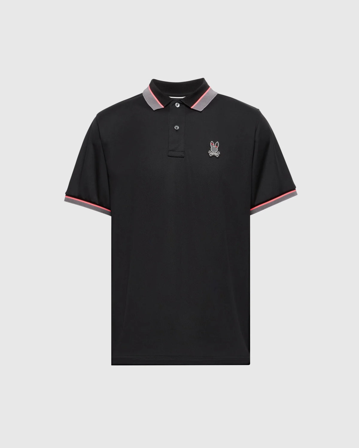 The Psycho Bunny MENS STRATTON SPORT PIQUE POLO (B6K202E200) features a black design with a red and white striped collar and sleeves, a small bunny logo on the left chest, and moisture-wicking technology for comfort and dryness.