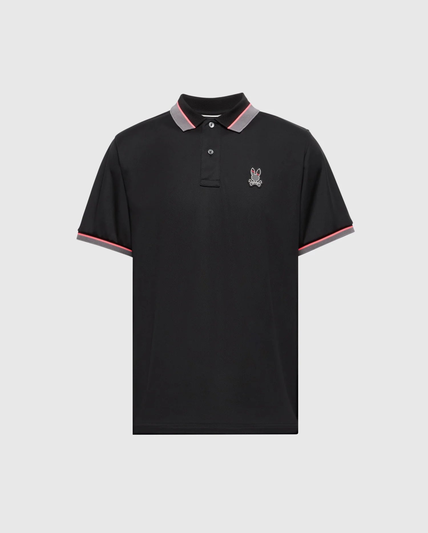 The Psycho Bunny MENS STRATTON SPORT PIQUE POLO (B6K202E200) features a black design with a red and white striped collar and sleeves, a small bunny logo on the left chest, and moisture-wicking technology for comfort and dryness.