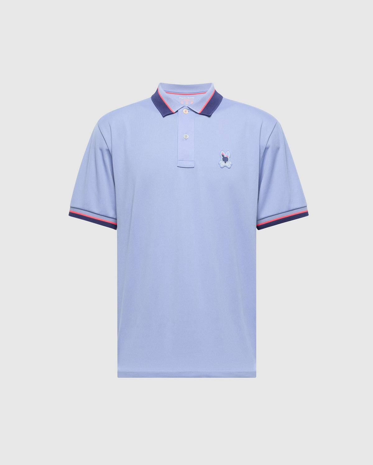 The Psycho Bunny Men's Stratton Sport Pique Polo (B6K202E200) is a light blue shirt featuring a three-button placket, small embroidered logo, and moisture-wicking fabric. It has navy and red striped detailing on the collar and cuffs, ideal for sportswear enthusiasts, displayed against a plain background.