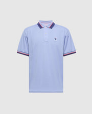 The Psycho Bunny Men's Stratton Sport Pique Polo (B6K202E200) is a light blue shirt featuring a three-button placket, small embroidered logo, and moisture-wicking fabric. It has navy and red striped detailing on the collar and cuffs, ideal for sportswear enthusiasts, displayed against a plain background.