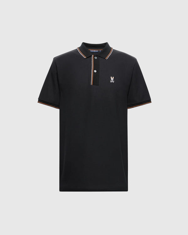 Presenting the Psycho Bunny Men's Brandon Pique Polo - B6K280E200, a luxurious black polo shirt trimmed with red, white, and gold accents on the collar and sleeves. This premium garment features a three-button placket and showcases a small embroidered logo on the left chest as a testament to its superior craftsmanship.