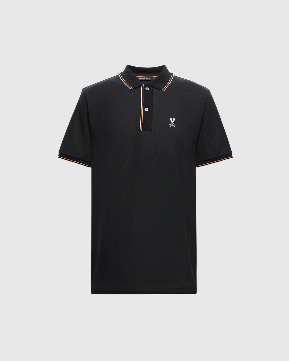Presenting the Psycho Bunny Men's Brandon Pique Polo - B6K280E200, a luxurious black polo shirt trimmed with red, white, and gold accents on the collar and sleeves. This premium garment features a three-button placket and showcases a small embroidered logo on the left chest as a testament to its superior craftsmanship.
