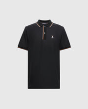 Presenting the Psycho Bunny Men's Brandon Pique Polo - B6K280E200, a luxurious black polo shirt trimmed with red, white, and gold accents on the collar and sleeves. This premium garment features a three-button placket and showcases a small embroidered logo on the left chest as a testament to its superior craftsmanship.