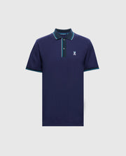 The MENS BRANDON PIQUE POLO - B6K280E200 by Psycho Bunny is a premium quality polo shirt designed for discerning tastes. It features a luxurious cotton pique material in navy blue, complete with a collar and three buttons. The polo is enhanced with subtle turquoise and green trim on the collar and sleeves, while a small embroidered logo on the left chest adds an elegant finishing touch.