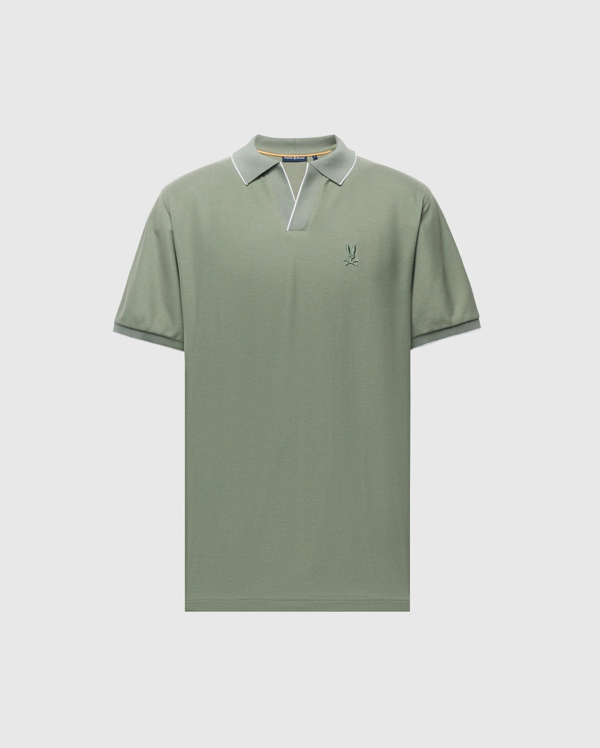 The Psycho Bunny MENS EAST HILLS JOHNNY COLLAR POLO (B6K331B200) is a green shirt with a white-trimmed Johnny collar and short sleeves. Made from 100% Pima cotton, it features an embroidered logo on the left chest and is showcased against a light grey background.