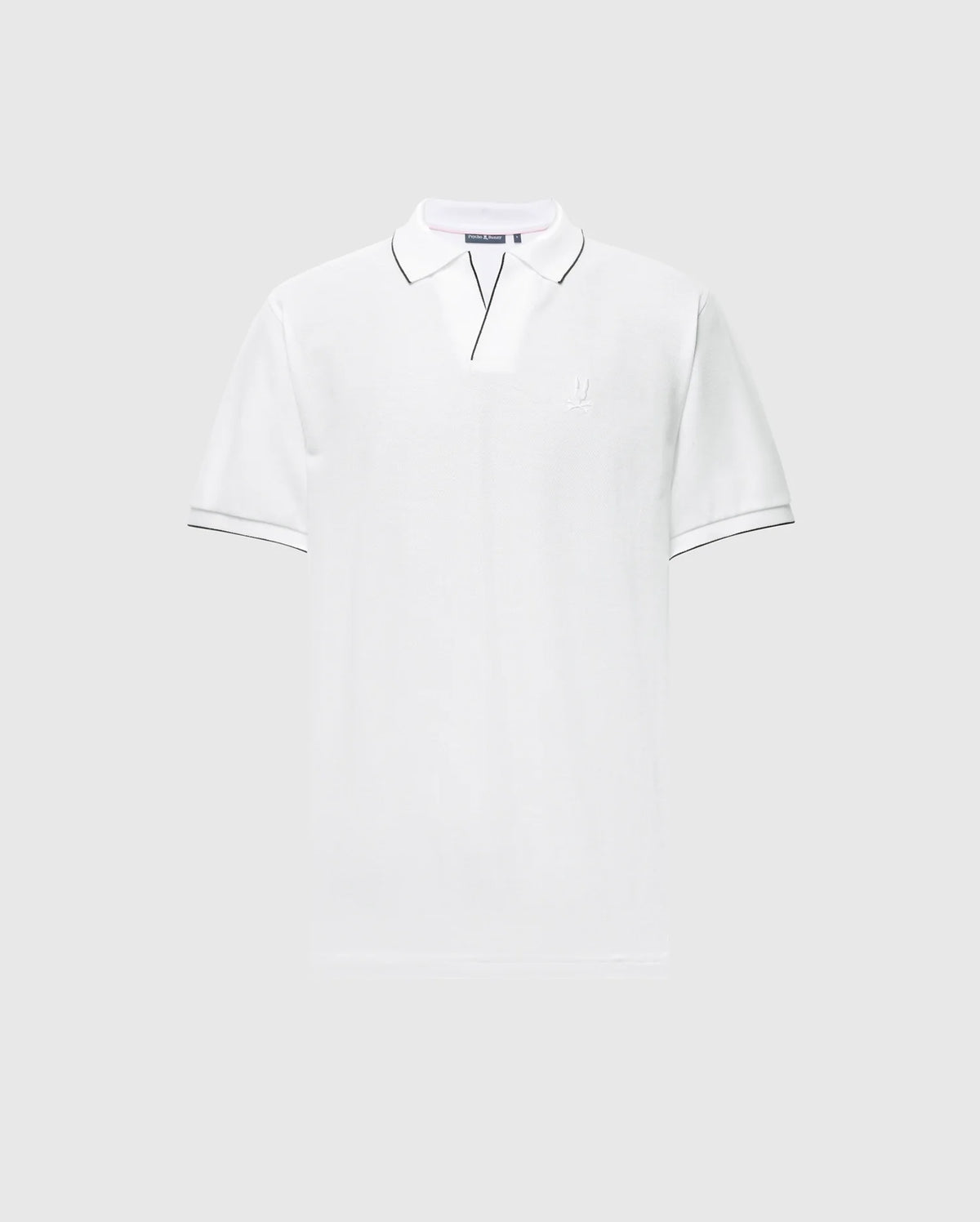 The Psycho Bunny Men's East Hills Johnny Collar Polo (B6K331B200) is a Pima cotton shirt with black piping on collar and sleeves, a Johnny collar, and a subtle logo on the left chest.
