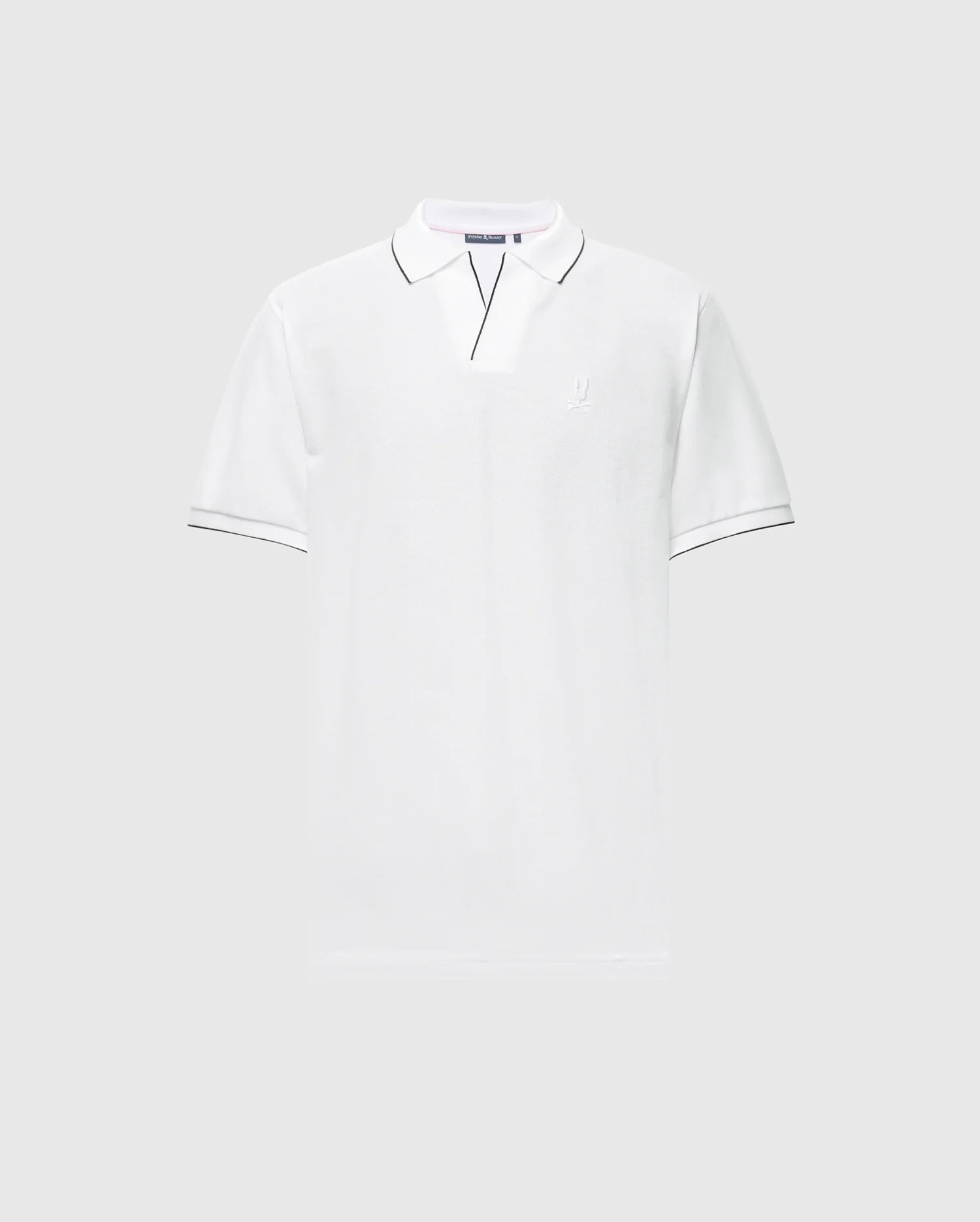 The Psycho Bunny Men's East Hills Johnny Collar Polo (B6K331B200) is a Pima cotton shirt with black piping on collar and sleeves, a Johnny collar, and a subtle logo on the left chest.