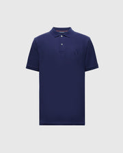 The Psycho Bunny Men's Nicholson Rib Collar Pique Polo - B6K401F200 is a navy blue, short-sleeve shirt made from soft Pima cotton. It has three Mother-of-Pearl buttons on the placket and an embossed "B" on the left chest, set against a plain light gray background.