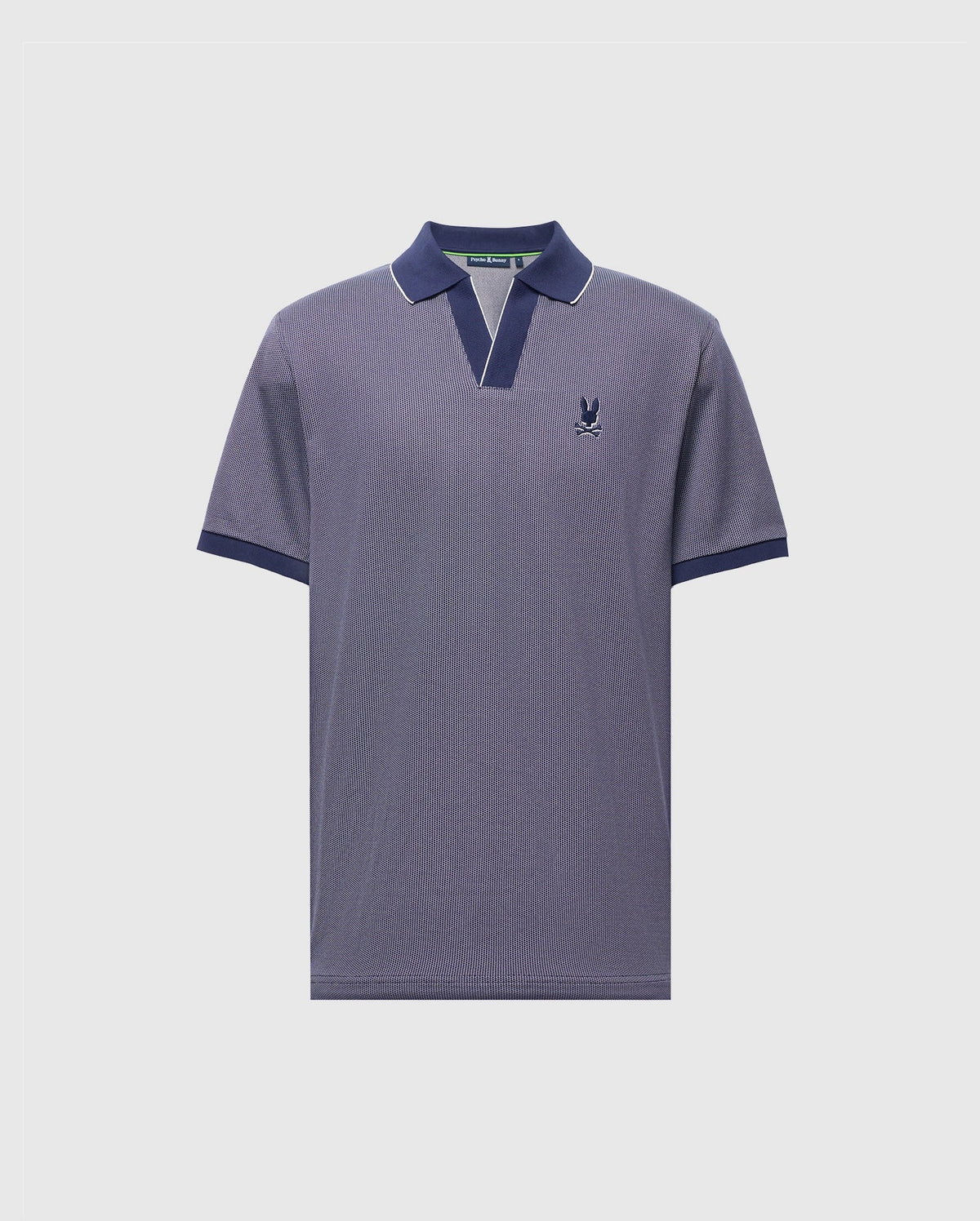 The Psycho Bunny Men's Mackay Jacquard Johnny Collar Polo (B6K408F200) showcases luxurious grey Pima Cotton with a navy collar and cuffs. It features a classic fit, small chest logo, and short buttoned placket—ideal for any occasion.