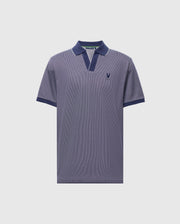 The Psycho Bunny Men's Mackay Jacquard Johnny Collar Polo (B6K408F200) showcases luxurious grey Pima Cotton with a navy collar and cuffs. It features a classic fit, small chest logo, and short buttoned placket—ideal for any occasion.