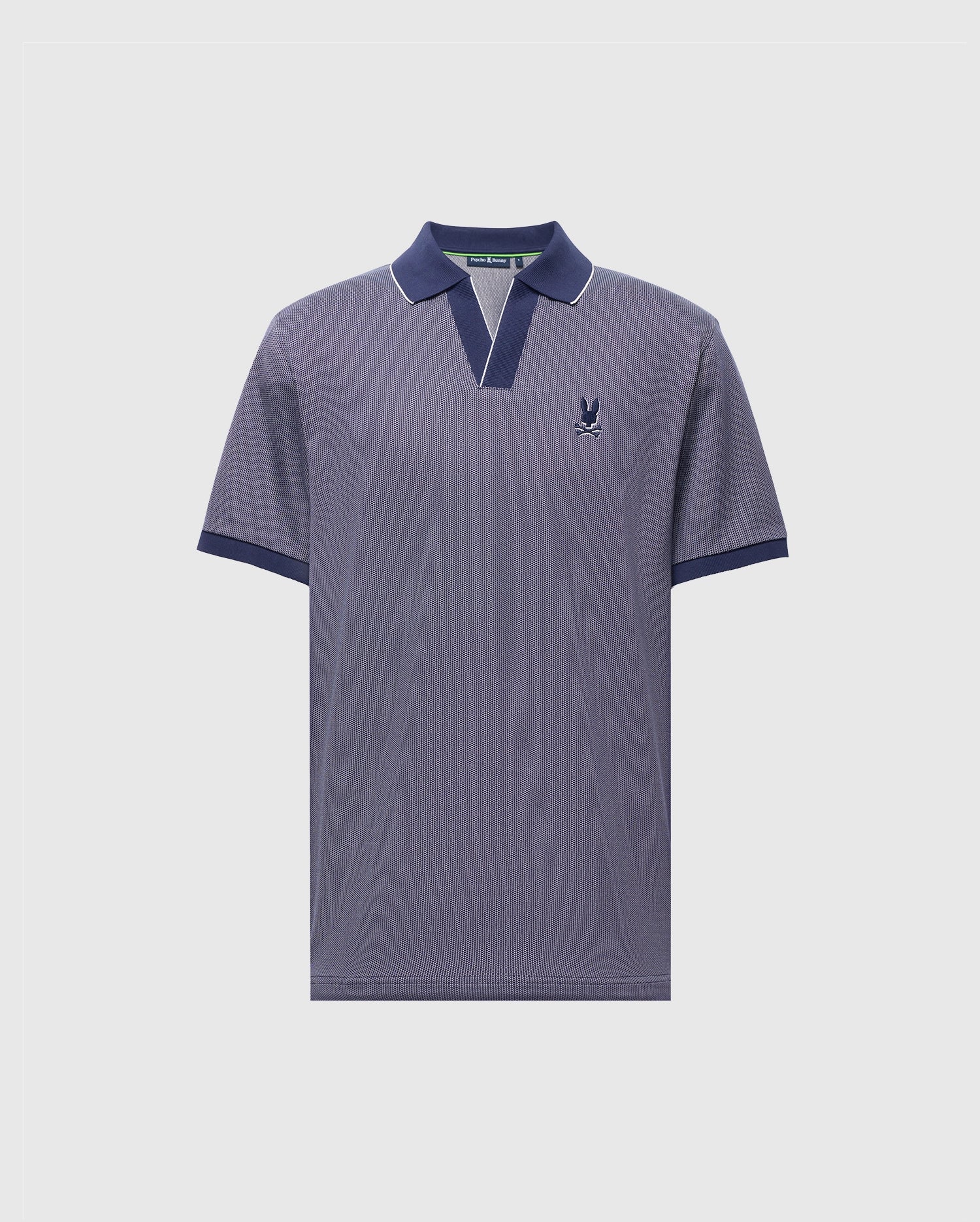 The Psycho Bunny Men's Mackay Jacquard Johnny Collar Polo (B6K408F200) showcases luxurious grey Pima Cotton with a navy collar and cuffs. It features a classic fit, small chest logo, and short buttoned placket—ideal for any occasion.