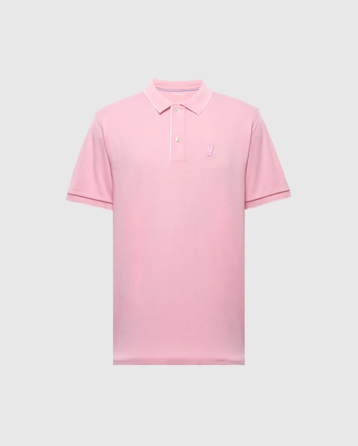 The pink MENS BRYCE PERFORMANCE PIQUE POLO by Psycho Bunny, B6K486F200, features short sleeves, a collar with three buttons, and a small embroidered logo on the left chest. Made from moisture-wicking performance pique fabric for comfort, it's shown on a plain gray background.