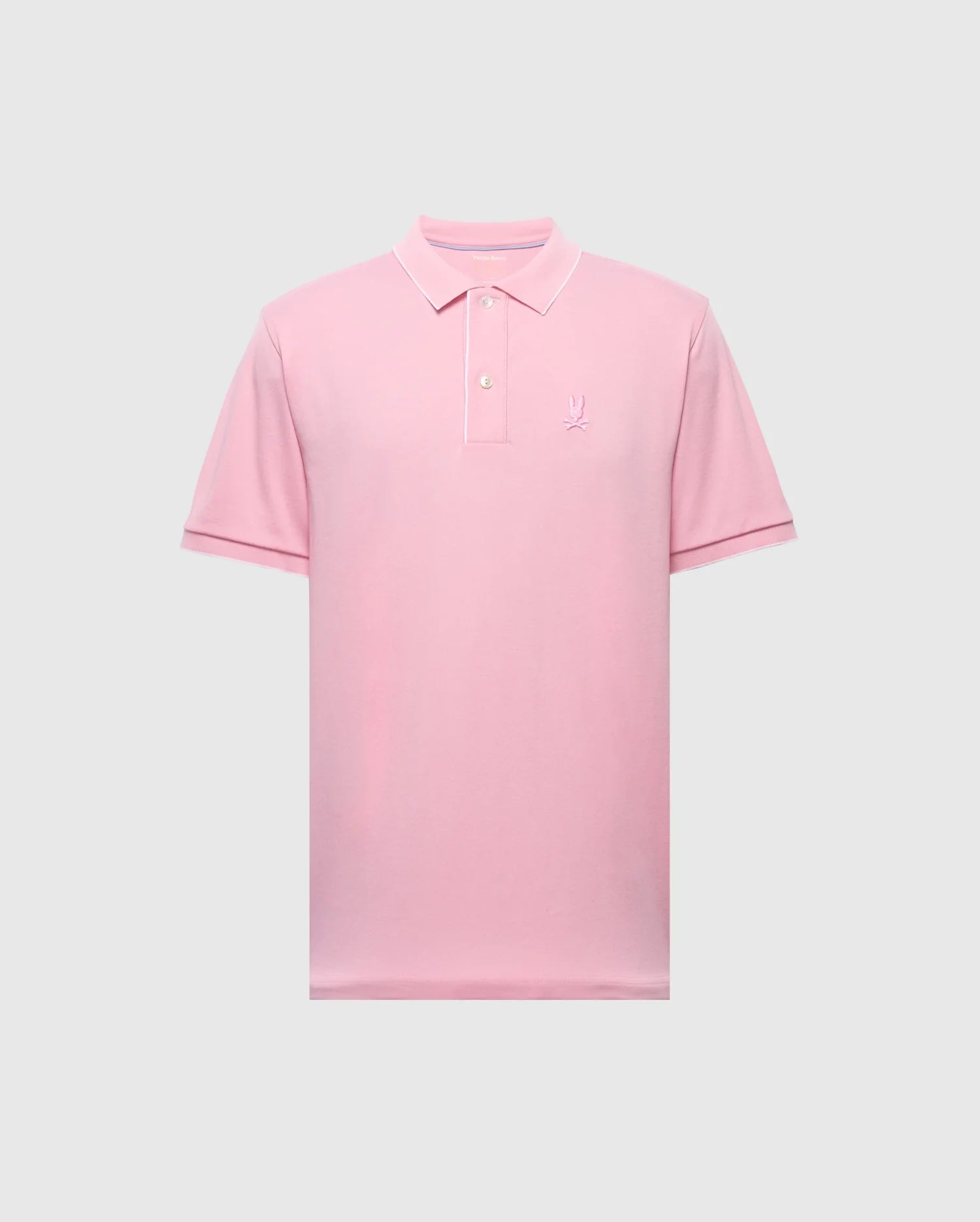 The pink MENS BRYCE PERFORMANCE PIQUE POLO by Psycho Bunny, B6K486F200, features short sleeves, a collar with three buttons, and a small embroidered logo on the left chest. Made from moisture-wicking performance pique fabric for comfort, it's shown on a plain gray background.
