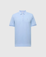 The Psycho Bunny MENS BRYCE PERFORMANCE PIQUE POLO in light blue features a moisture-wicking pique fabric, collar, short sleeves, a two-button placket, and a small embroidered logo on the left chest. Set against a plain gray background.