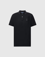 The Psycho Bunny MENS NEW CASTLE PIQUE POLO B6K487F200 is a black, slim-fit polo shirt with short sleeves and a collar. It's crafted from luxurious Pima cotton for comfort and showcases a subtle embroidered logo on the left chest, complemented by two white buttons on the placket.