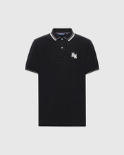 Discover Psycho Bunny's MENS ELLIOT PIQUE POLO in black Pima cotton, featuring white and beige trim on the collar and sleeves. It boasts an embroidered bunny design on the left chest and a classic two-button placket for timeless style.