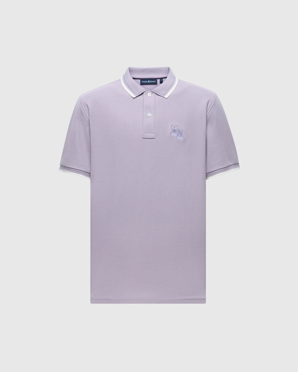 The Psycho Bunny MENS ELLIOT PIQUE POLO - B6K505F200 in light gray features a classic look with a small embroidered chest design, crafted from luxurious Pima cotton, with a classic collar and button placket accented by white on the collar and sleeve edges.