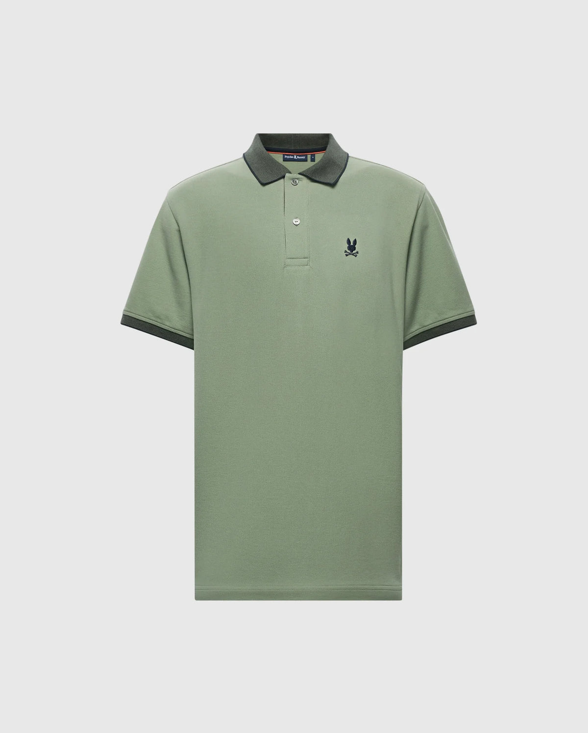 The Psycho Bunny MENS JONAS STRIPE COLLAR PIQUE POLO (B6K583F200) features a light green shade with micro-stripes, short sleeves, a dark embroidered bunny logo on the left chest, a dark green collar and cuffs, made from soft Pima cotton, showcased against a white background.