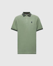The Psycho Bunny MENS JONAS STRIPE COLLAR PIQUE POLO (B6K583F200) features a light green shade with micro-stripes, short sleeves, a dark embroidered bunny logo on the left chest, a dark green collar and cuffs, made from soft Pima cotton, showcased against a white background.