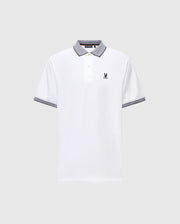 The MENS JONAS STRIPE COLLAR PIQUE POLO by Psycho Bunny features a white Pima cotton fabric with a gray collar and sleeves, three buttons, and a small embroidered bunny logo on the left chest, enhancing its subtle elegance.