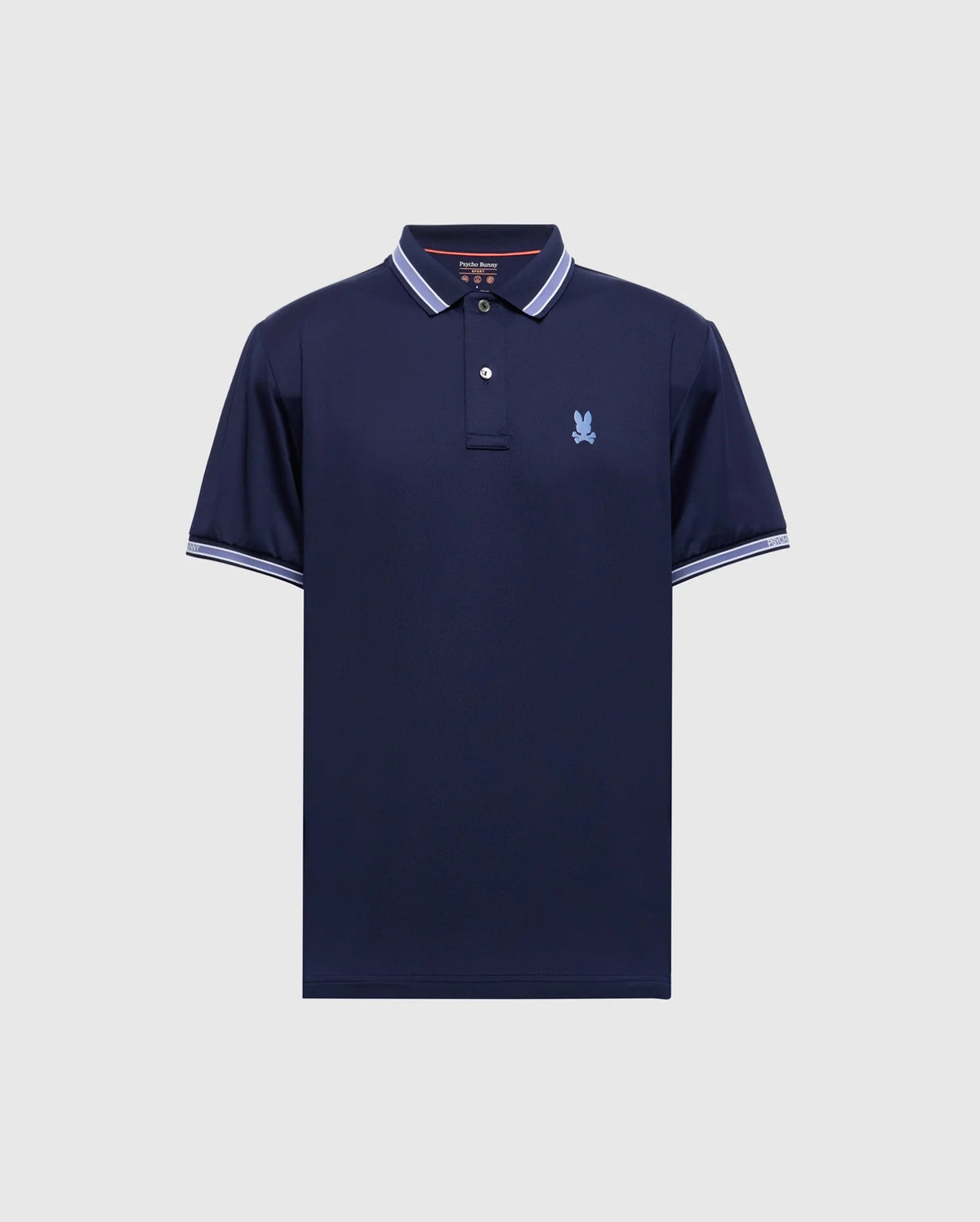 The Psycho Bunny Men's Forrest Sport Pique Polo in navy blue, features short sleeves, a small embroidered logo on the left chest, buttoned placket, and white stripes on collar and cuffs. Slim fit and crafted from breathable fabric for all-day moisture-wicking comfort. Product Code: B6K660F200.