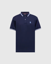 The Psycho Bunny Men's Forrest Sport Pique Polo in navy blue, features short sleeves, a small embroidered logo on the left chest, buttoned placket, and white stripes on collar and cuffs. Slim fit and crafted from breathable fabric for all-day moisture-wicking comfort. Product Code: B6K660F200.