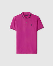 Introducing the Psycho Bunny MENS RIVIERA PIQUE POLO SHIRT - B6K640C200, a pink polo shirt made from luxurious Pima cotton. This stylish piece features short sleeves, an elegant collar, and an embroidered Bunny appliqué on the left chest. The shirt is completed with button closures at the neck and matching dark stripes on the sleeve edges and collar for a sophisticated touch.