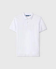 A classic white, short-sleeve Psycho Bunny Men's Kingston Pique Polo Shirt - B6K764D200 featuring a collar and a two-button placket, meticulously crafted from luxurious Pima cotton. A subtle embroidered Bunny patch adorns the left chest area against a light gray background.