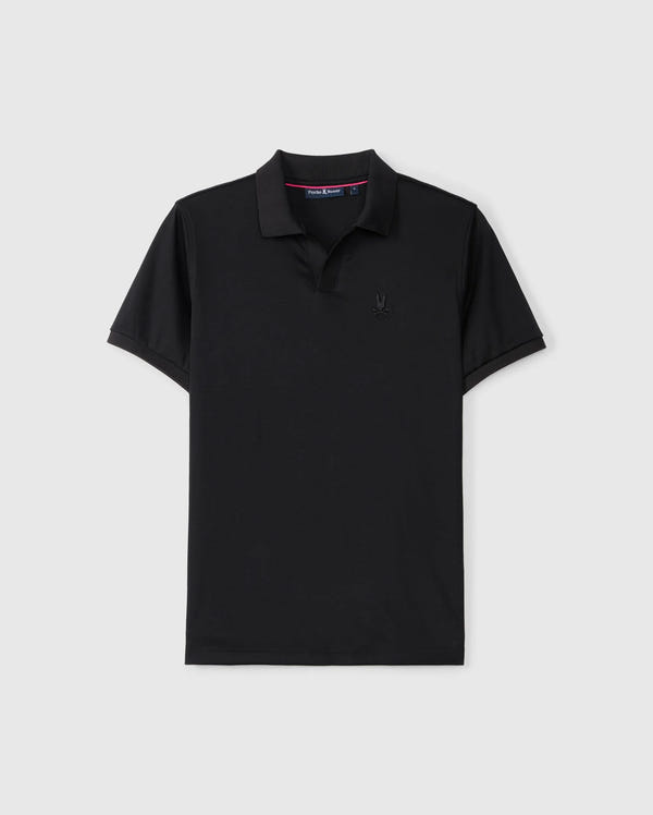 Displayed against a light gray background, the MENS BROADWAY PIMA INTERLOCK JOHNNY COLLAR POLO - B6K891D200 by Psycho Bunny is a black polo shirt made from Mercerized Pima cotton. It features a Johnny collar, short sleeves, and a subtle embroidered logo on the left chest, offering both style and exceptional durability.
